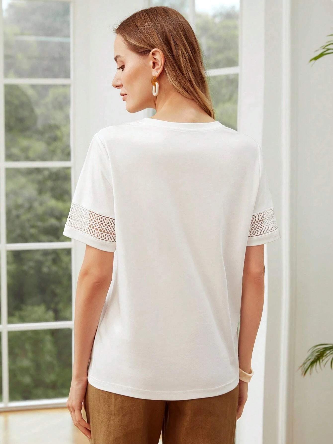 CM-TS970690 Women Casual Seoul Style Guipure Lace Detail Short Sleeve T-Shirt - White