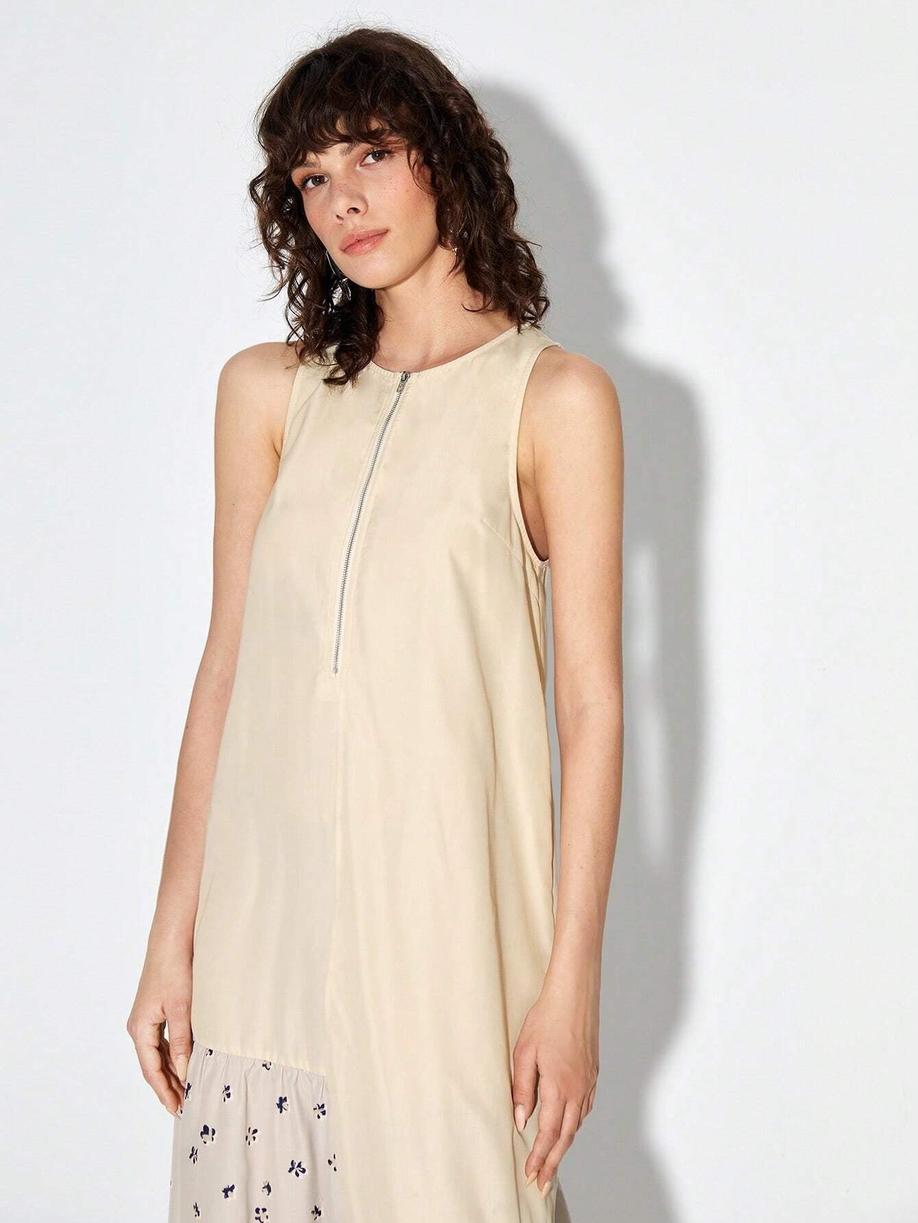 CM-DS908098 Casual Seoul Style Sleeveless Ditsy Floral Ruffle Hem Smock Dress - Apricot