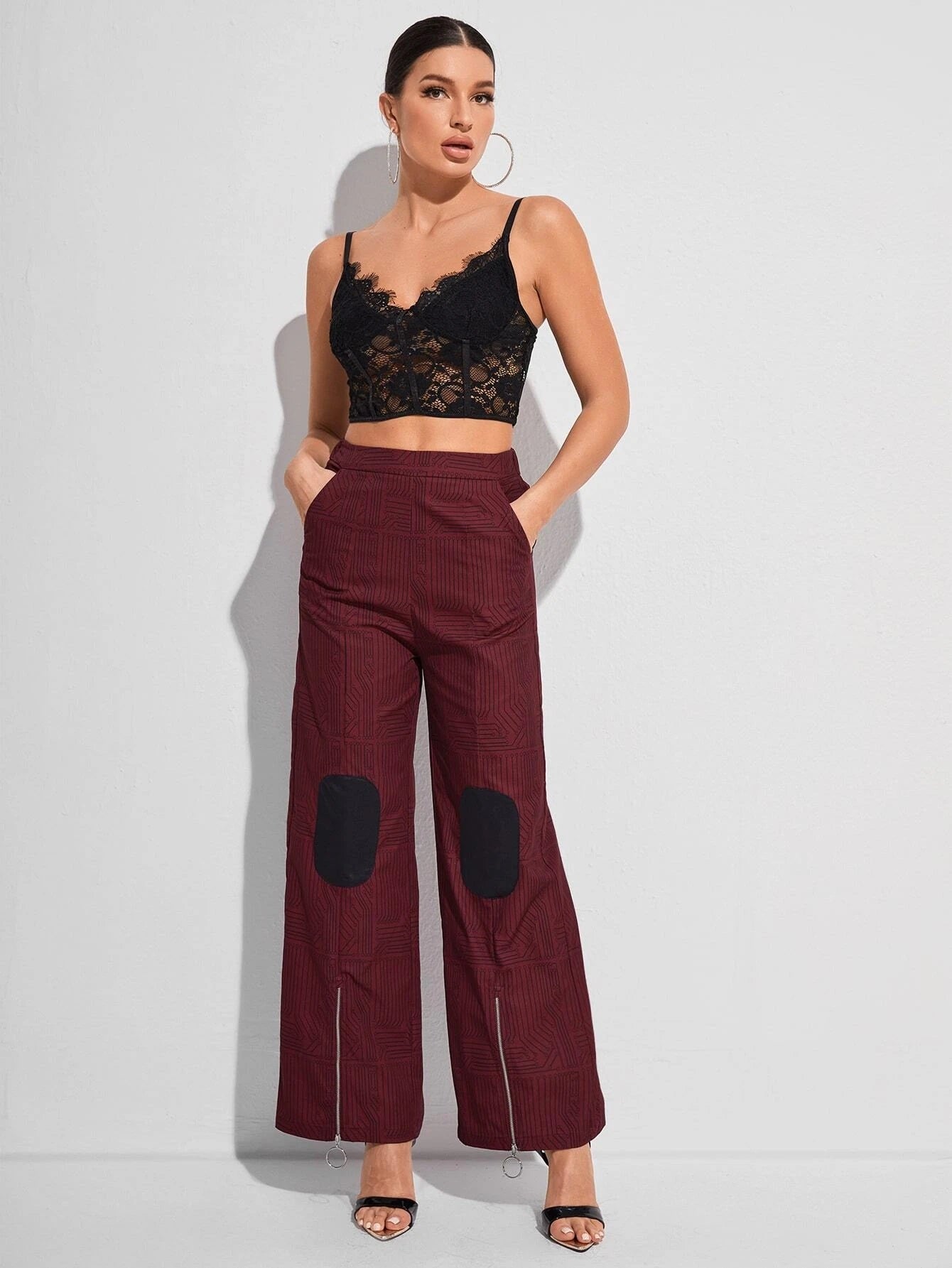 CM-BS957193 Women Elegant Seoul Style High Waist Zip Hem Pants - Burgundy