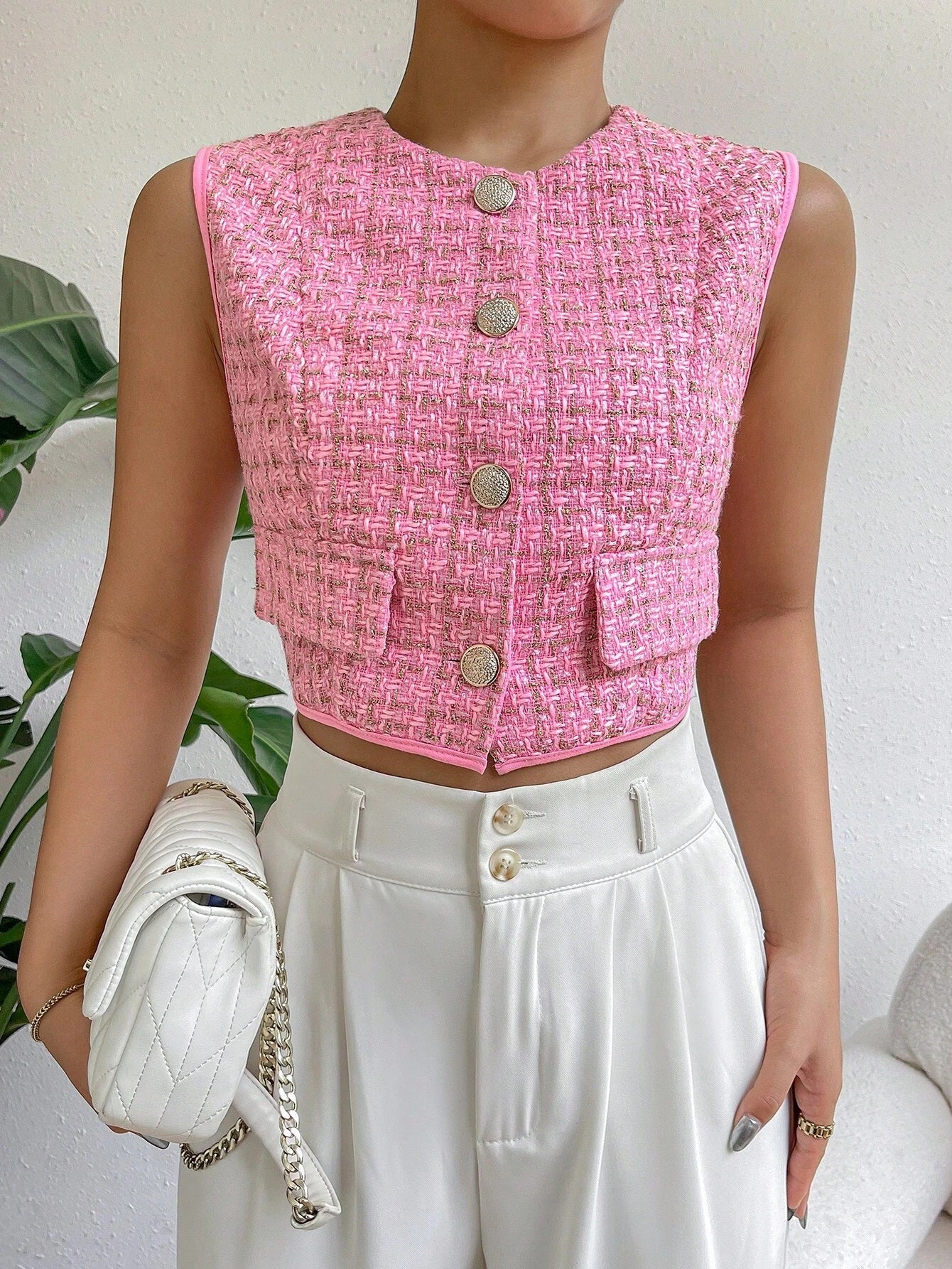 CM-CS034921 Women Casual Seoul Style Plaid Pattern Flap Detail Tweed Vest Jacket - Pink