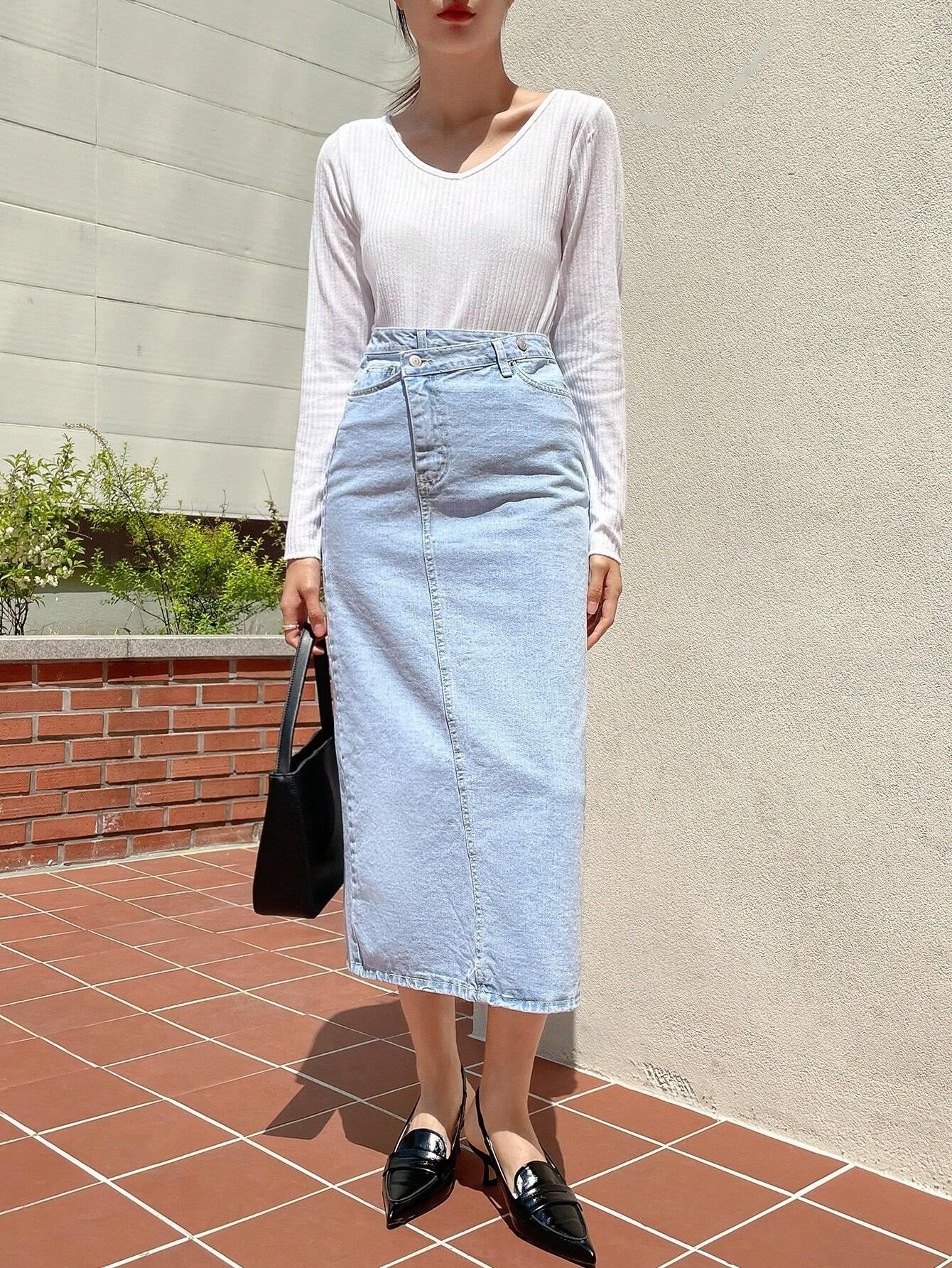 CM-BS325510 Women Casual Seoul Style Light Wash High Waist Split Back Denim Skirt