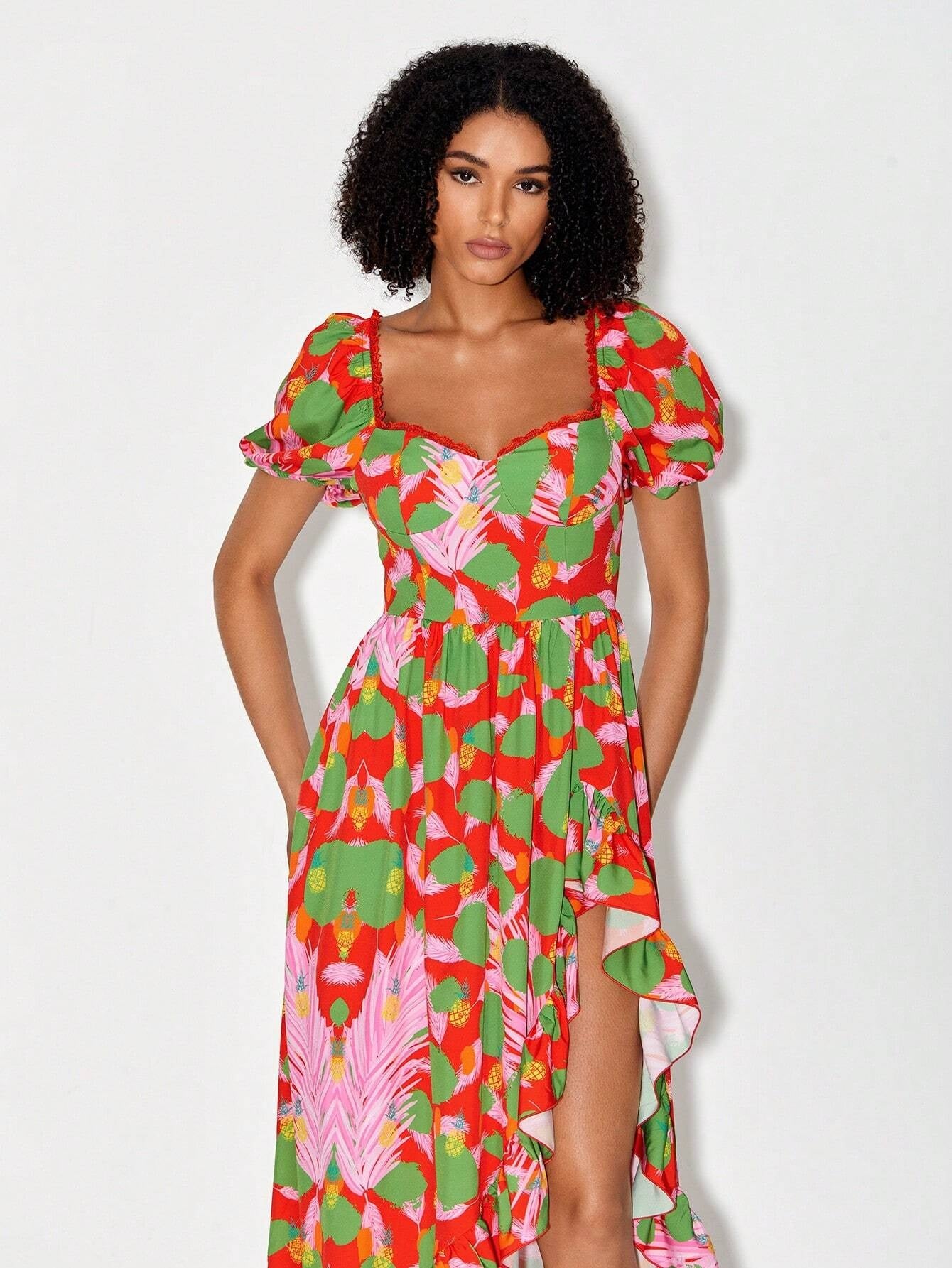 CM-DS186692 Women Trendy Bohemian Style Print Puff Sleeve Asymmetrical Ruffle Hem Dress