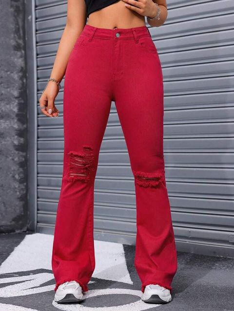 CM-BS585546 Women Casual Seoul Style Solid Color Slim Fit Ripped Flare Jeans - Red
