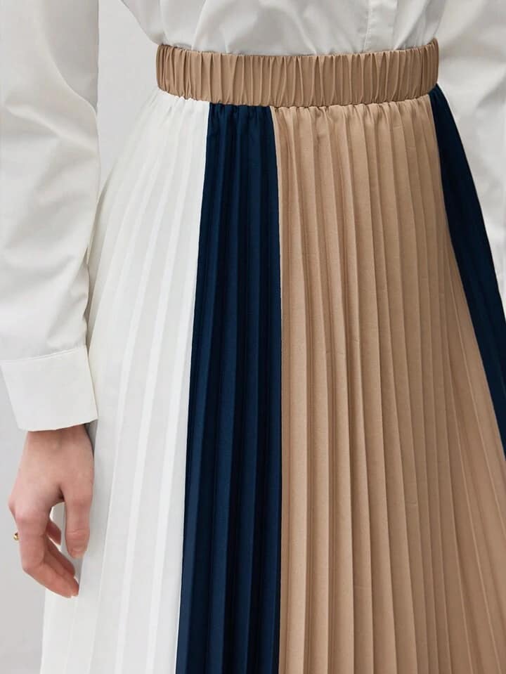 CM-BS589898 Women Elegant Seoul Style Colorblock Elastic Waist Pleated Midi Skirt