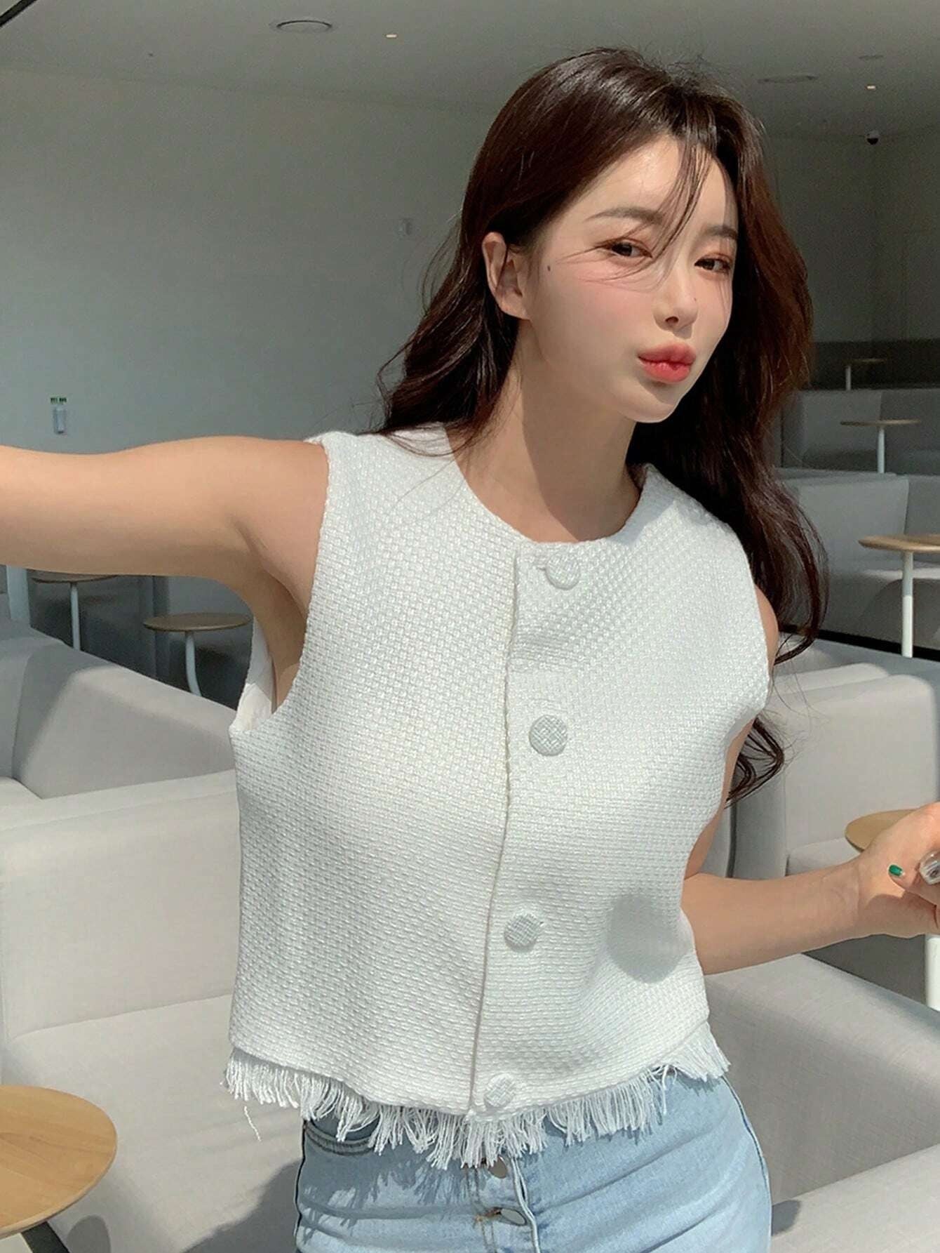 CM-CS309169 Women Casual Seoul Style Solid Button Front Vest Jacket - White