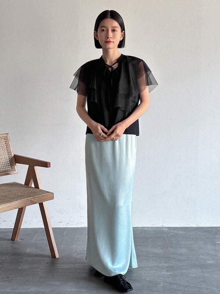 CM-TS736396 Women Casual Seoul Style Tie Neck Mesh Patchwork Short Sleeve Shirt - Black