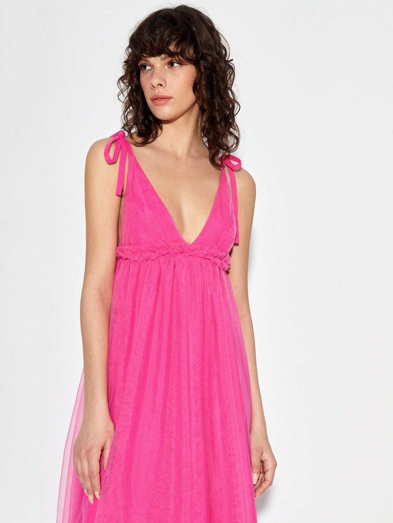 CM-DS397137 Women Elegant Seoul Style Tie Shoulder Ruched Bust Mesh Overlay Cami Dress