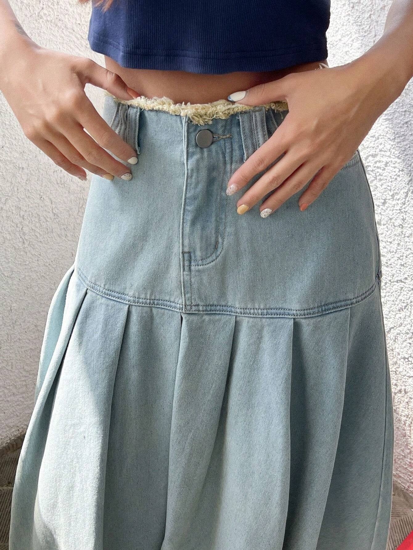CM-BS899163 Women Casual Seoul Style Solid Pleated Detail Denim Skirt - Blue