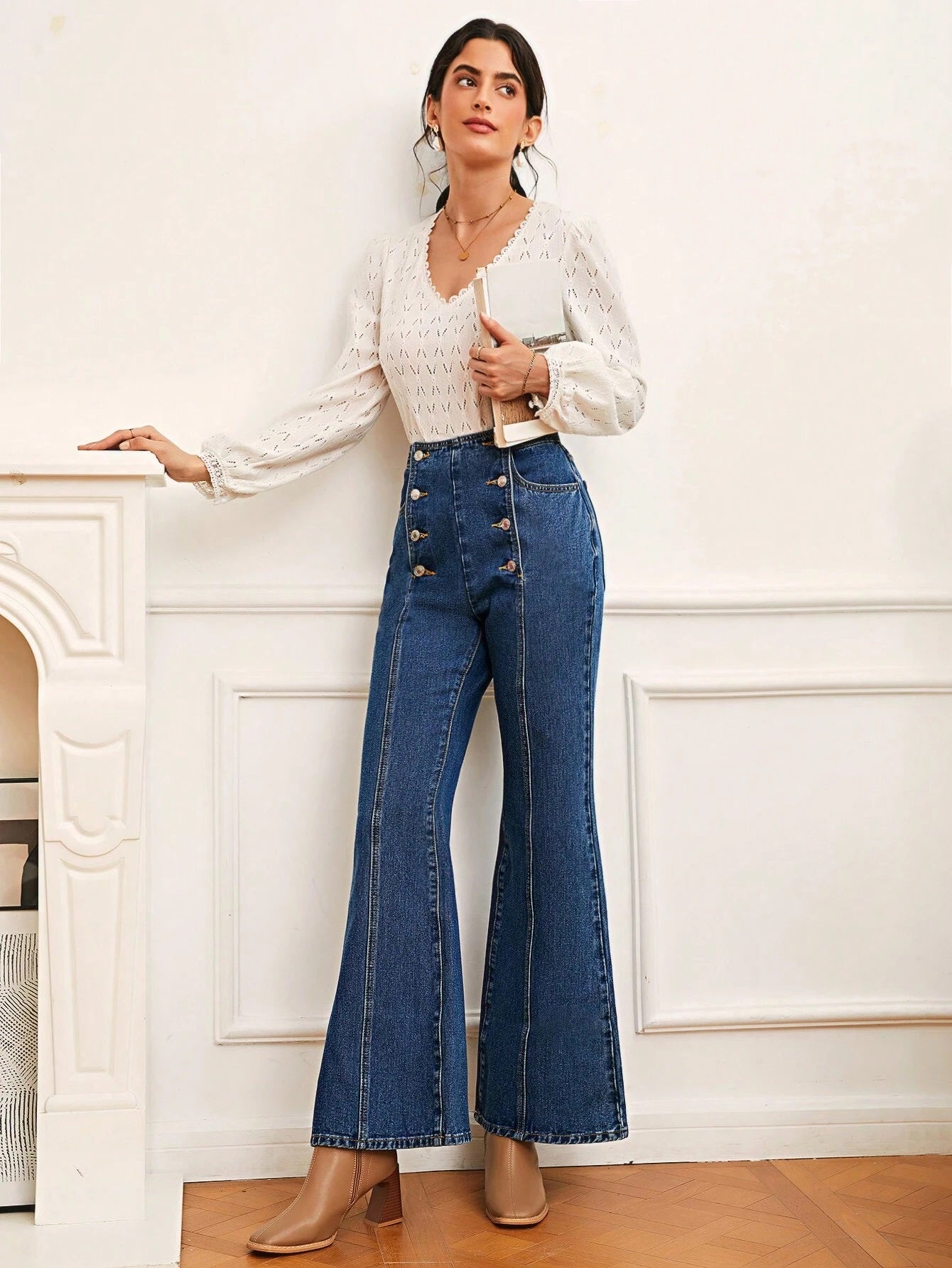 CM-BS341700 Women Casual Seoul Style Dark Wash High Waist Double Breasted Flare Leg Jeans