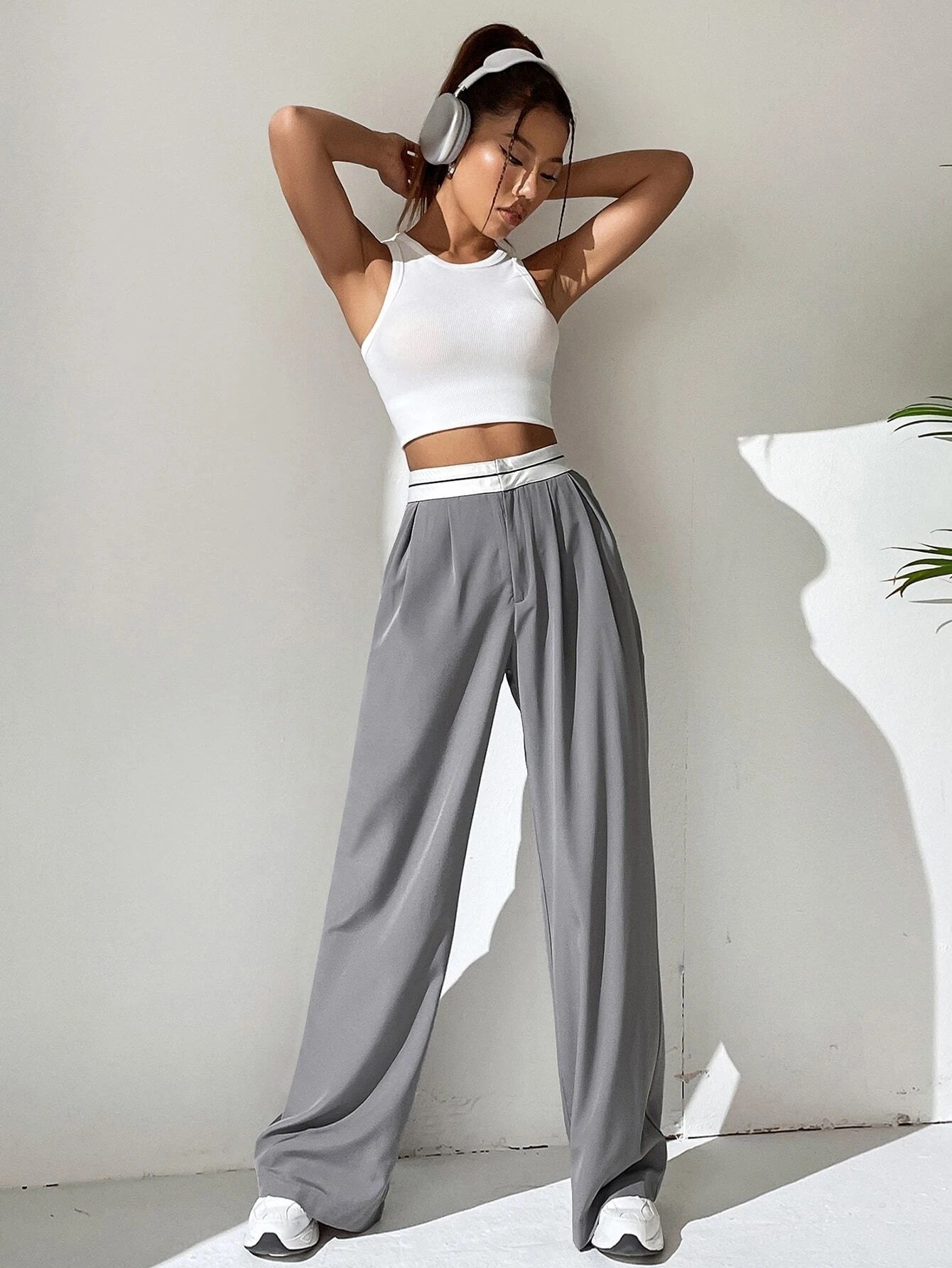 CM-BS726666 Women Casual Seoul Style Striped Waistband Wide Leg Pants - Light Gray