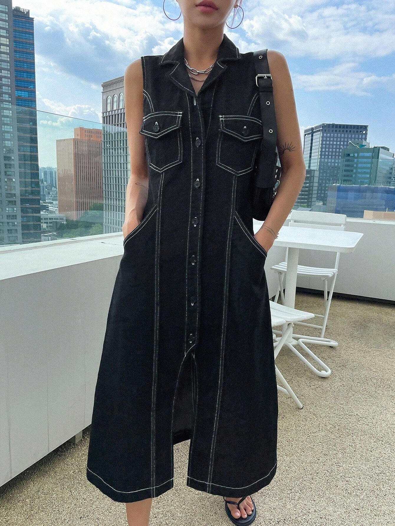 CM-DS252217 Women Preppy Seoul Style Top-Stitching Button Front Flap Pocket Denim Dress