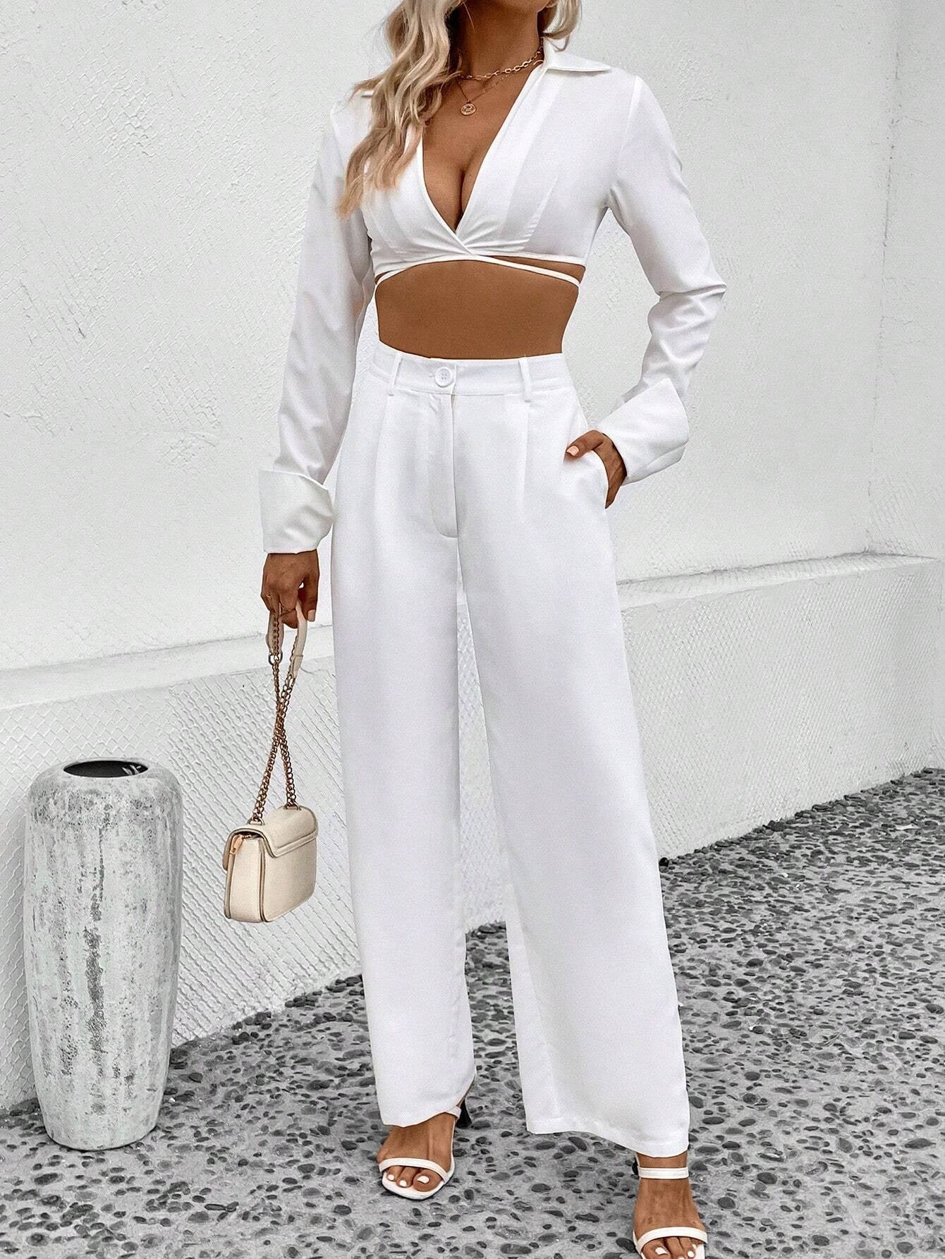 CM-BS351890 Women Elegant Seoul Style Solid Slant Pocket Wide Leg Pants - White
