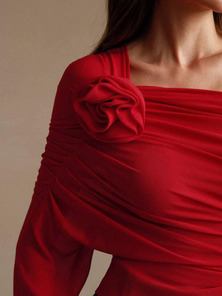 CM-TS455567 Women Elegant Seoul Style Off the Shoulder 3D Floral Decoration Blouse - Burgundy