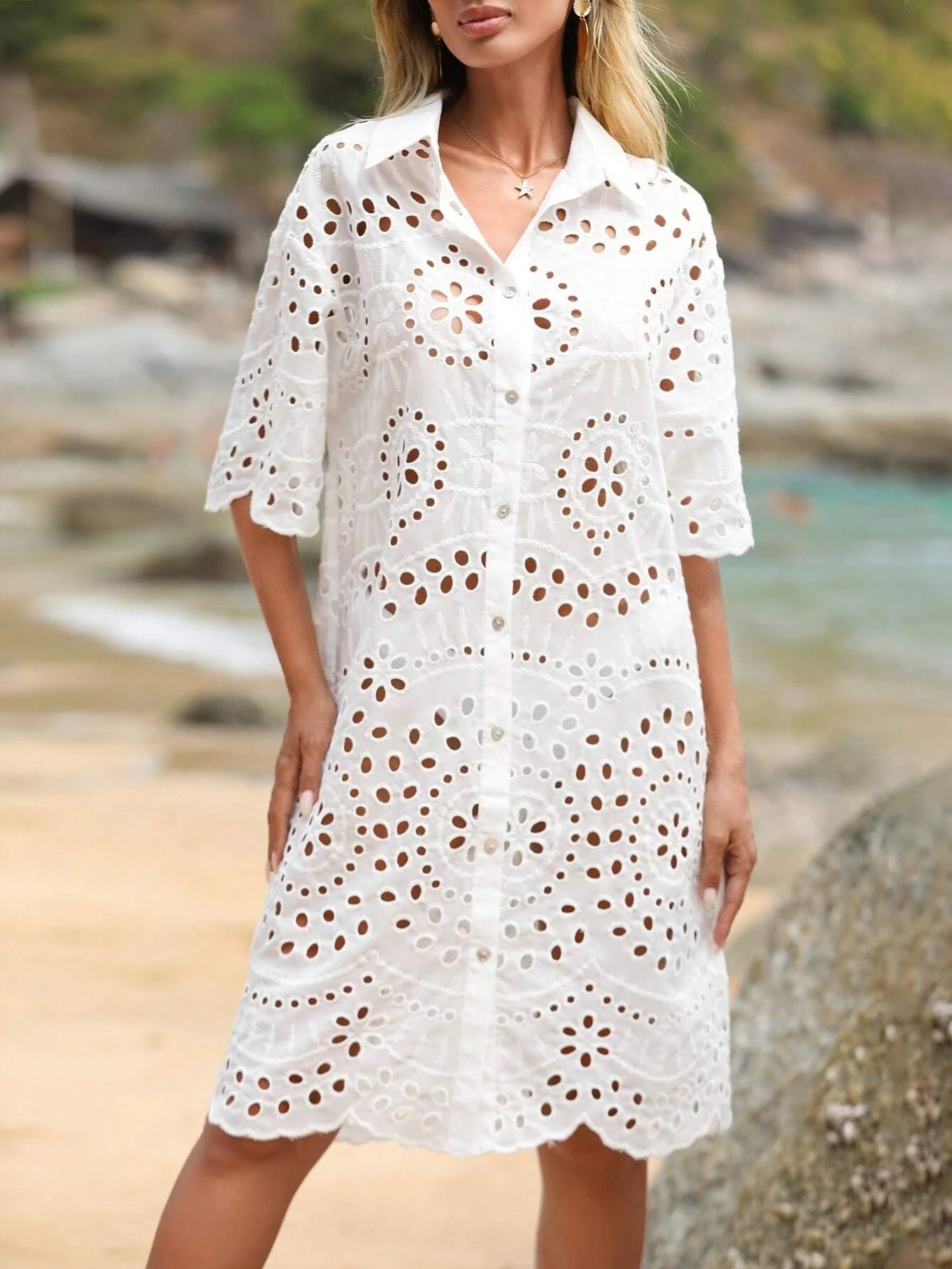 CM-DS195559 Women Trendy Bohemian Style Eyelet Embroidery Button Front Drop Shoulder Shirt Dress