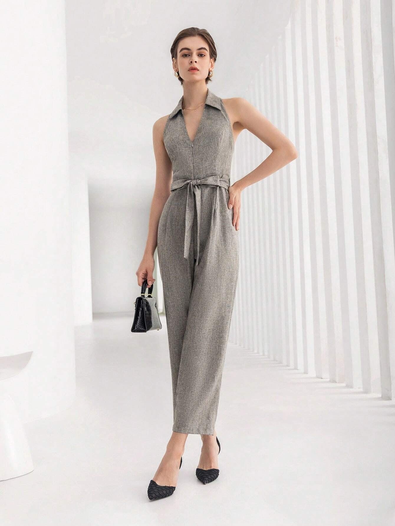CM-JS410070 Women Elegant Seoul Style Sleeveless Solid Belted Halter Jumpsuit - Gray