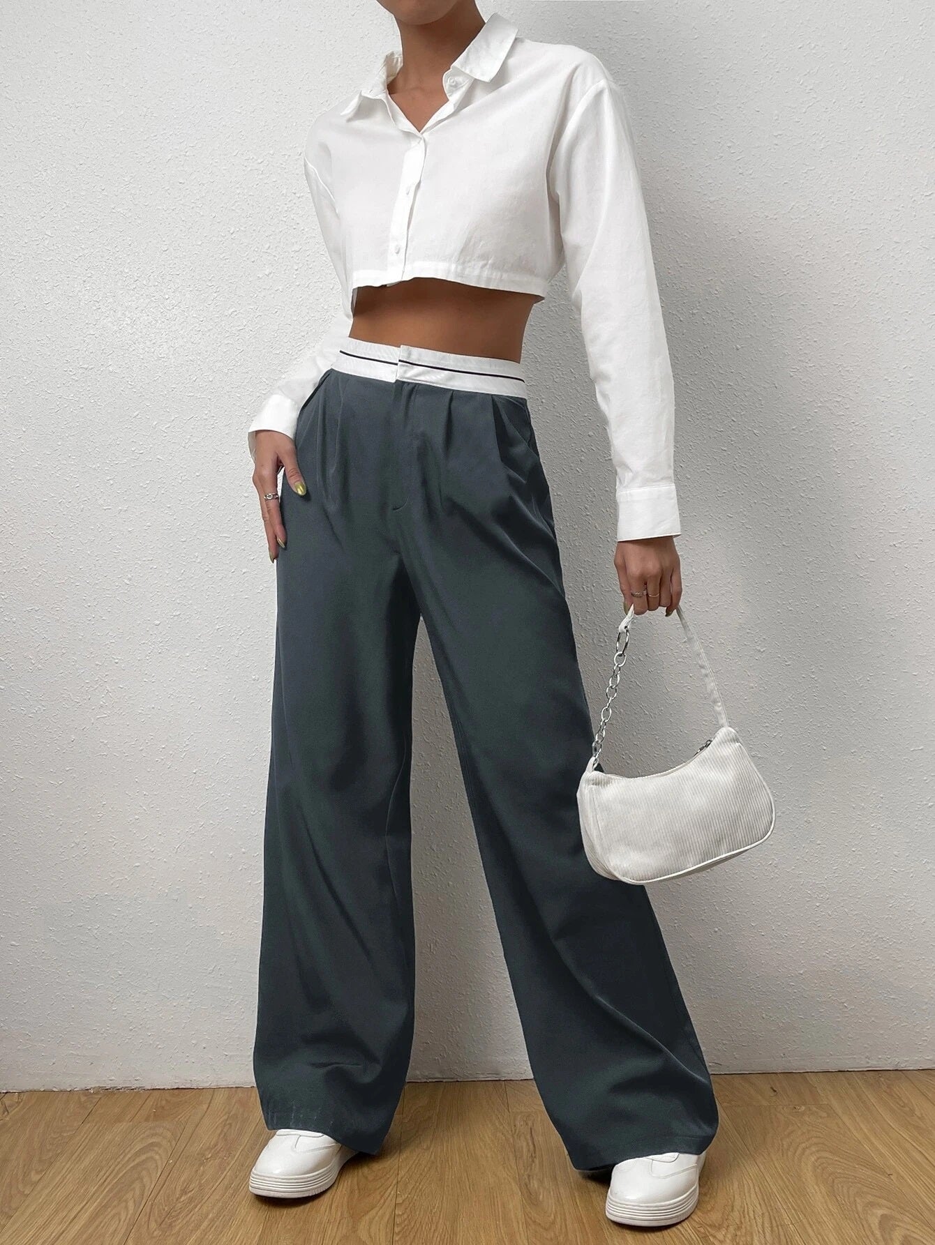 CM-BS594463 Women Casual Seoul Style Striped Waistband Wide Leg Pants - Dark Gray