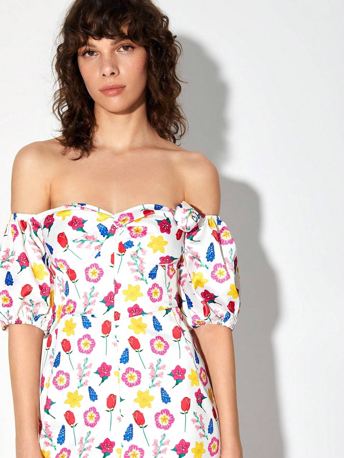 CM-DS881612 Women Casual Seoul Style Off Shoulder Allover Print Ruched Bust Dress