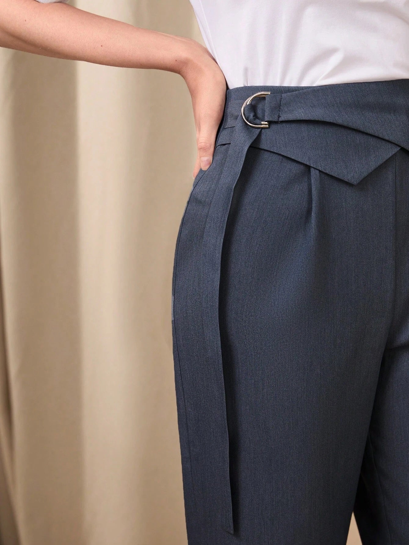 CM-BS884465 Women Casual Seoul Style Solid Flipped Waisted Straight Leg Pants - Dark Gray