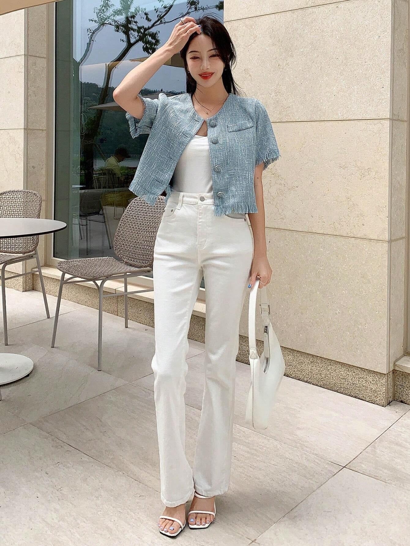 CM-TS652251 Women Casual Seoul Style Solid Button Front Raw Hem Crop Blouse - Dusty Blue