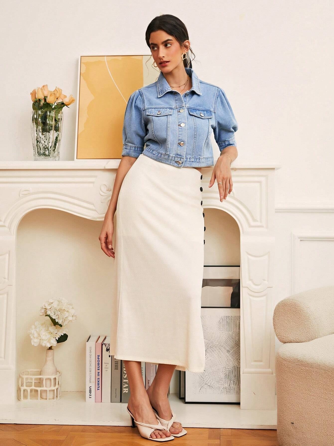 CM-CS629892 Women Casual Seoul Style Light Wash Flap Detail Button Front Denim Jacket