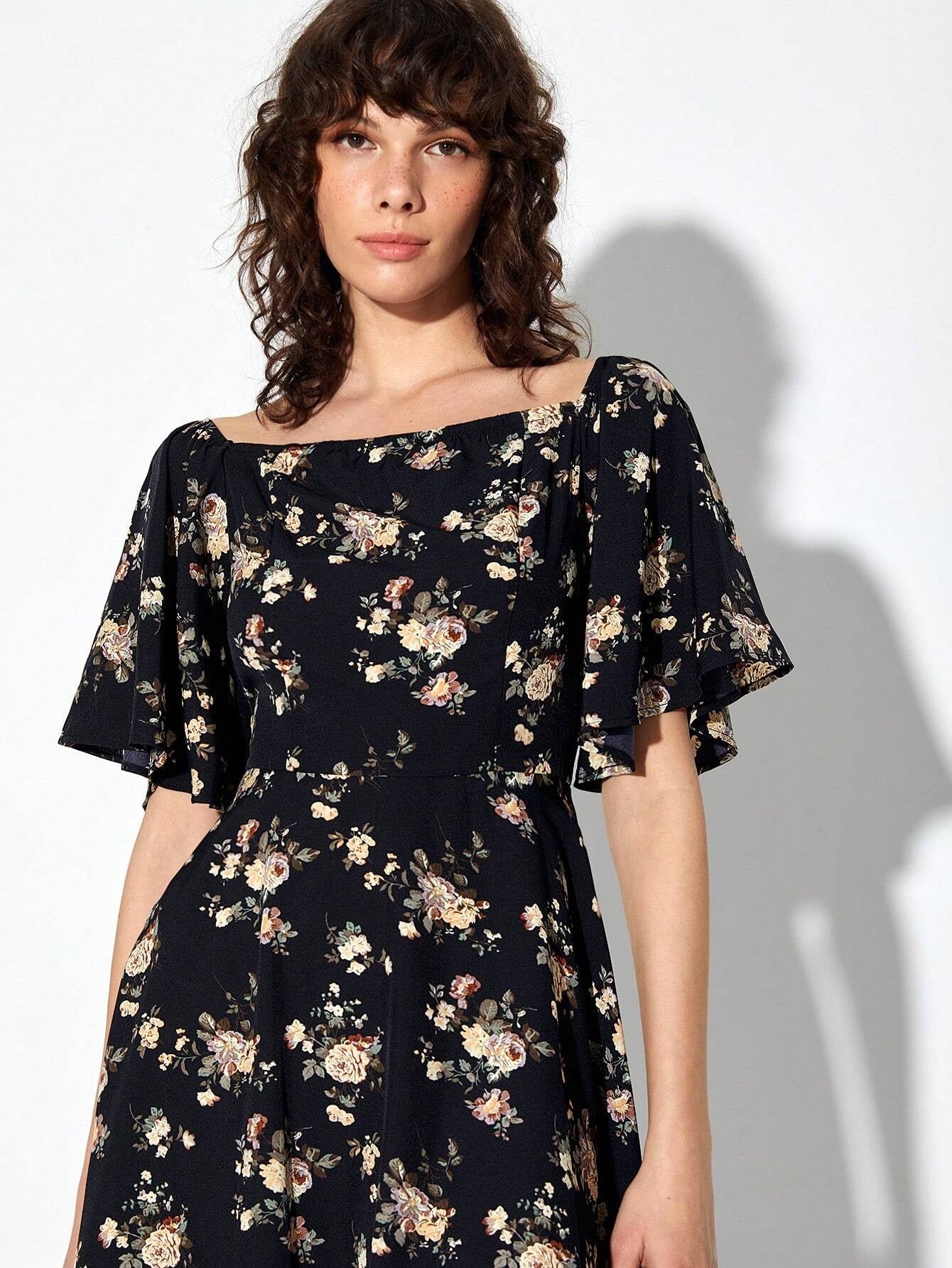 CM-DS208284 Women Casual Seoul Style Floral Print Square Neck Butterfly Sleeve Dress