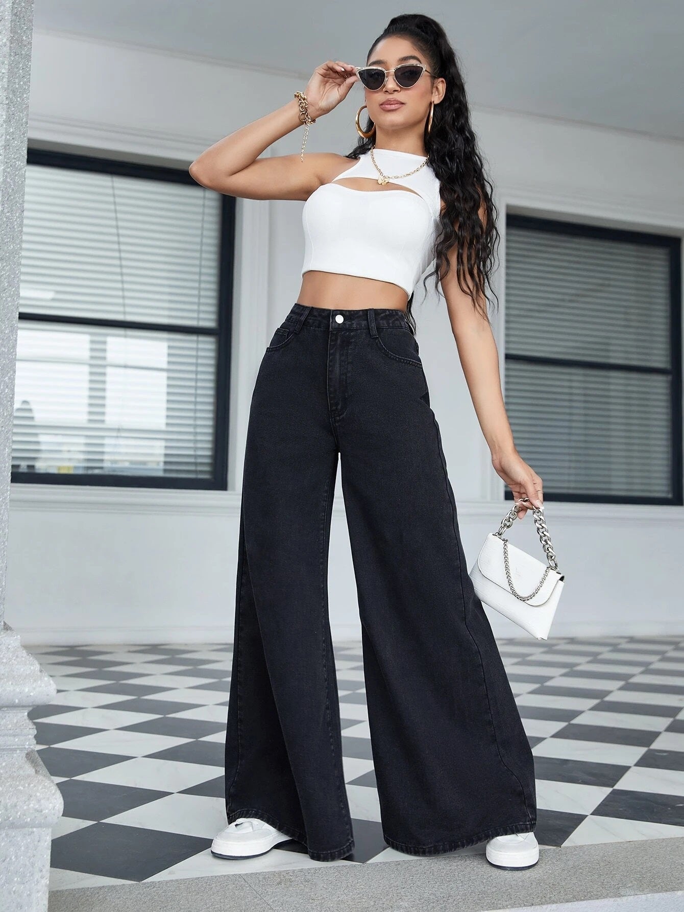 CM-BS434641 Women Casual Seoul Style High Waist Wide Leg Jeans - Black