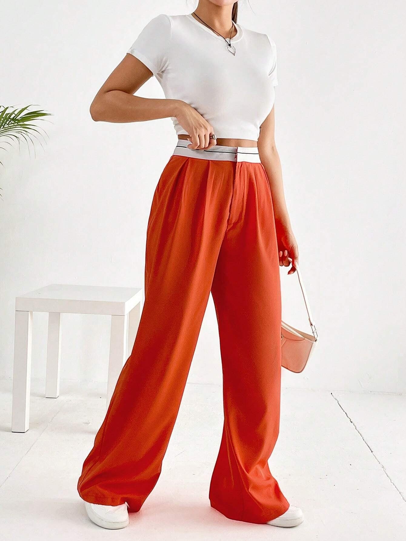 CM-BS128925 Women Casual Seoul Style Striped Waistband Wide Leg Pants - Burnt Orange