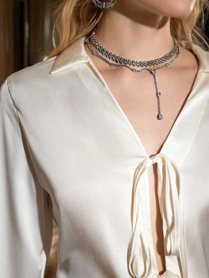 CM-TS261313 Women Casual Seoul Style Bow Tie V-Neck Long Sleeve Shirt - Apricot