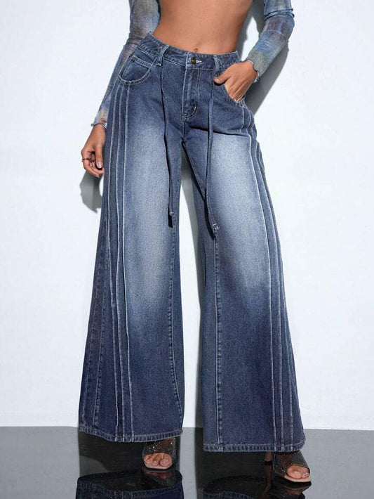 CM-BS161803 Women Casual Seoul Style Wide Leg Denim Pants With Pockets - Blue