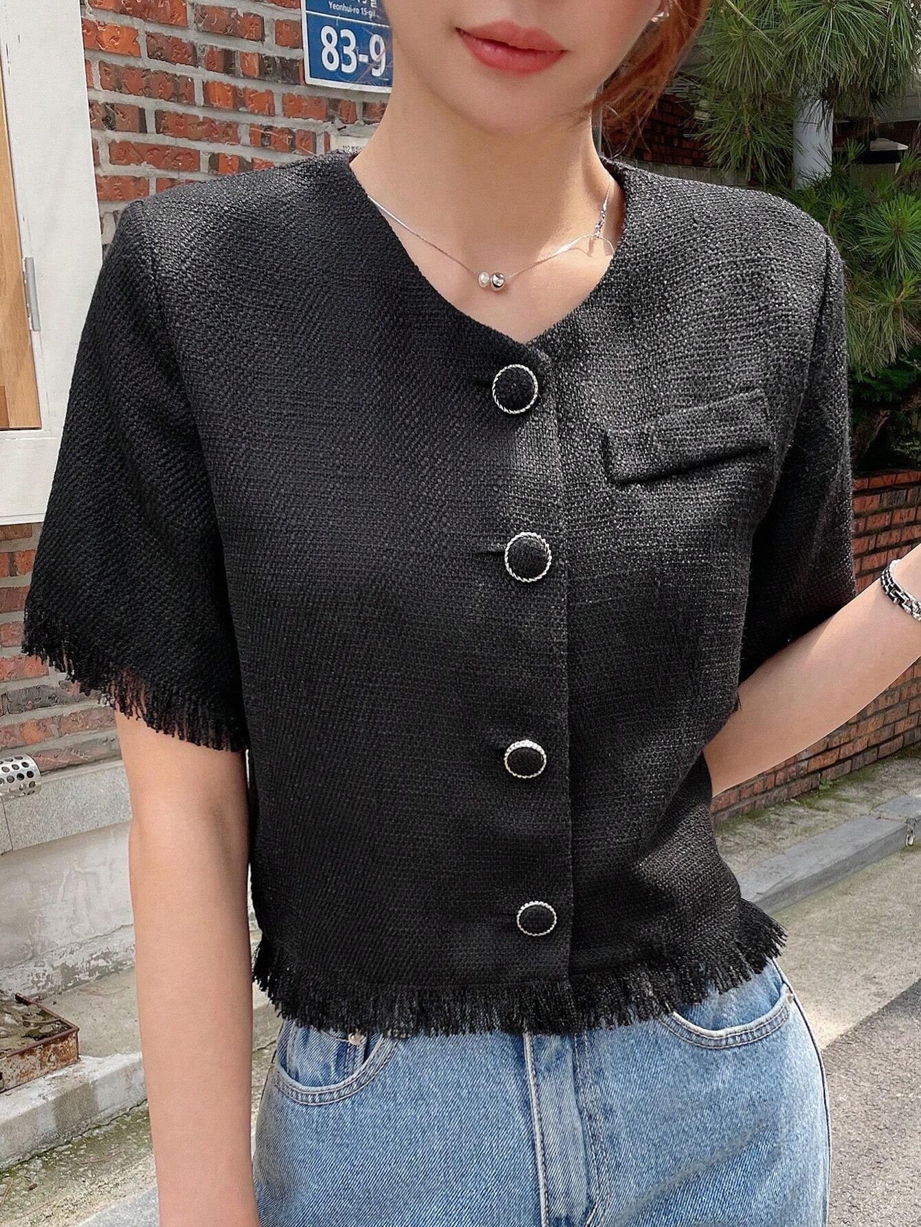 CM-TS199329 Women Casual Seoul Style Solid Button Front Raw Hem Crop Blouse - Black