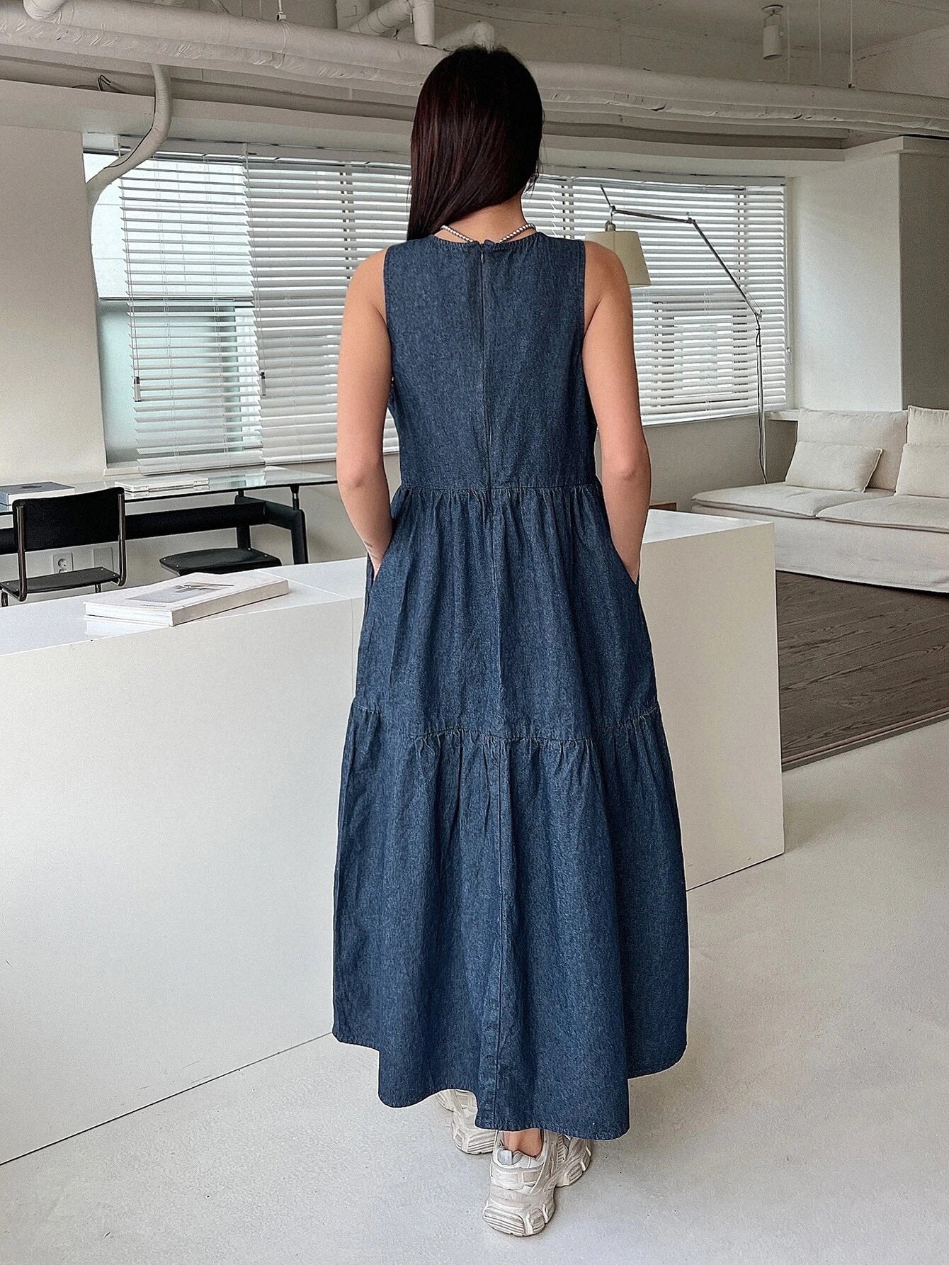 CM-DS222286 Women Casual Seoul Style Dark Wash Ruffle Hem Denim Smock Dress