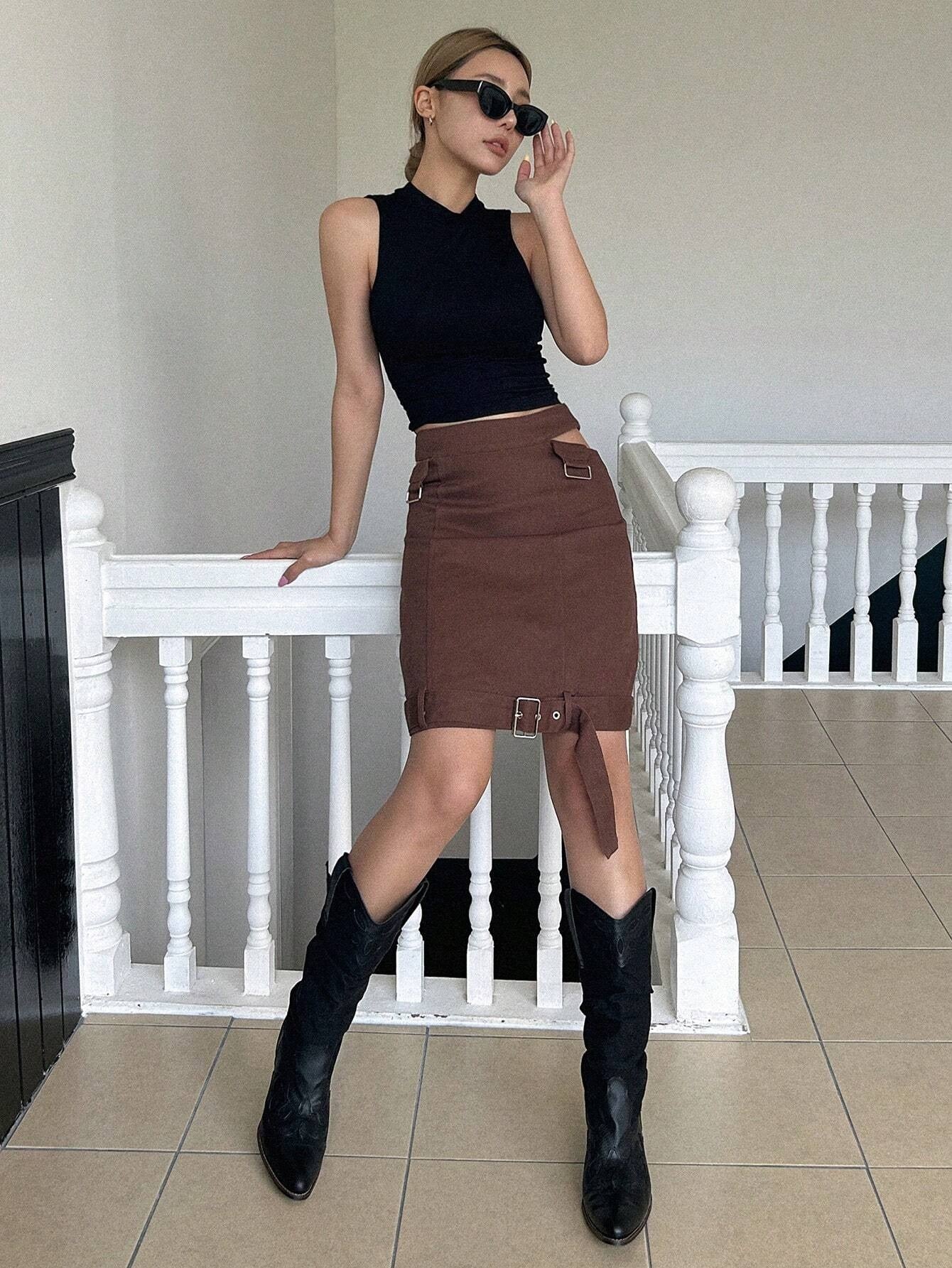 CM-BS164864 Women Casual Seoul Style Cut Out Buckle Detail Straight Skirt - Coffee Brown
