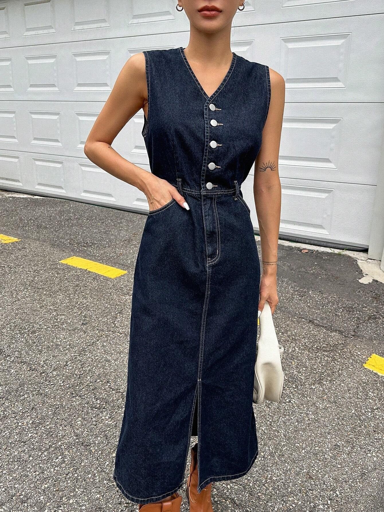 CM-DS407092 Women Casual Seoul Style Dark Wash Button Front Sleeveless Split Thigh Denim Dress