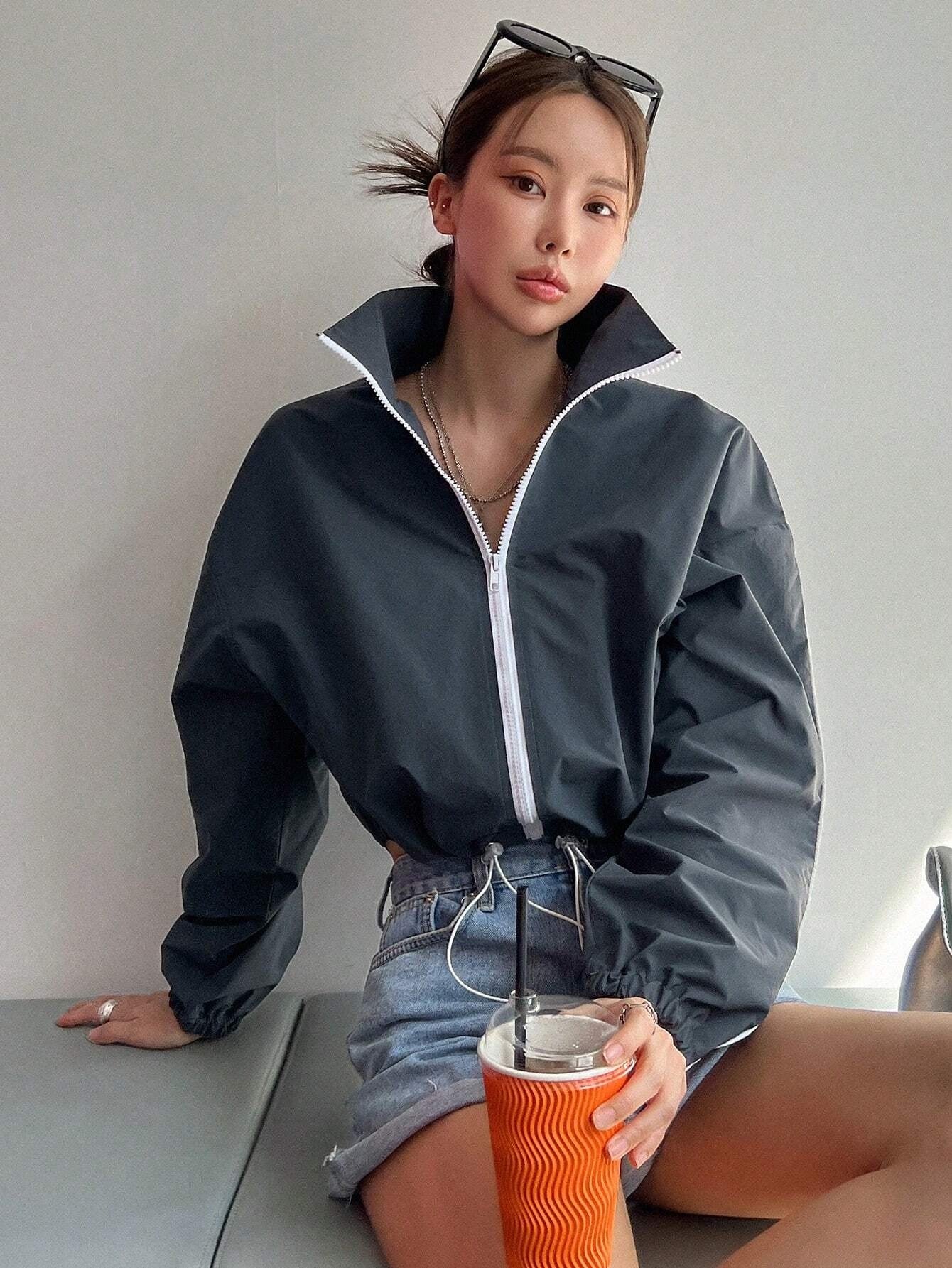 CM-CS032005 Women Casual Seoul Style Contrast Piping Drawstring Hem Drop Shoulder Jacket