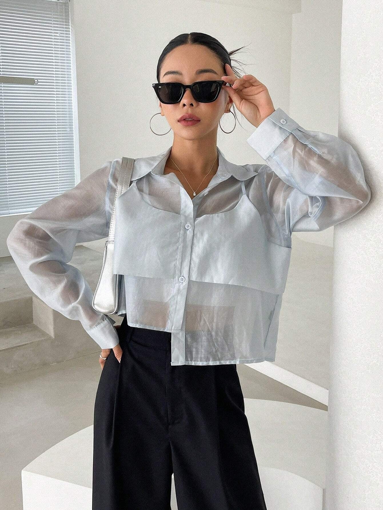 CM-TS399777 Women Casual Seoul Style Solid Button Front 2 In 1 Shirt - Baby Blue