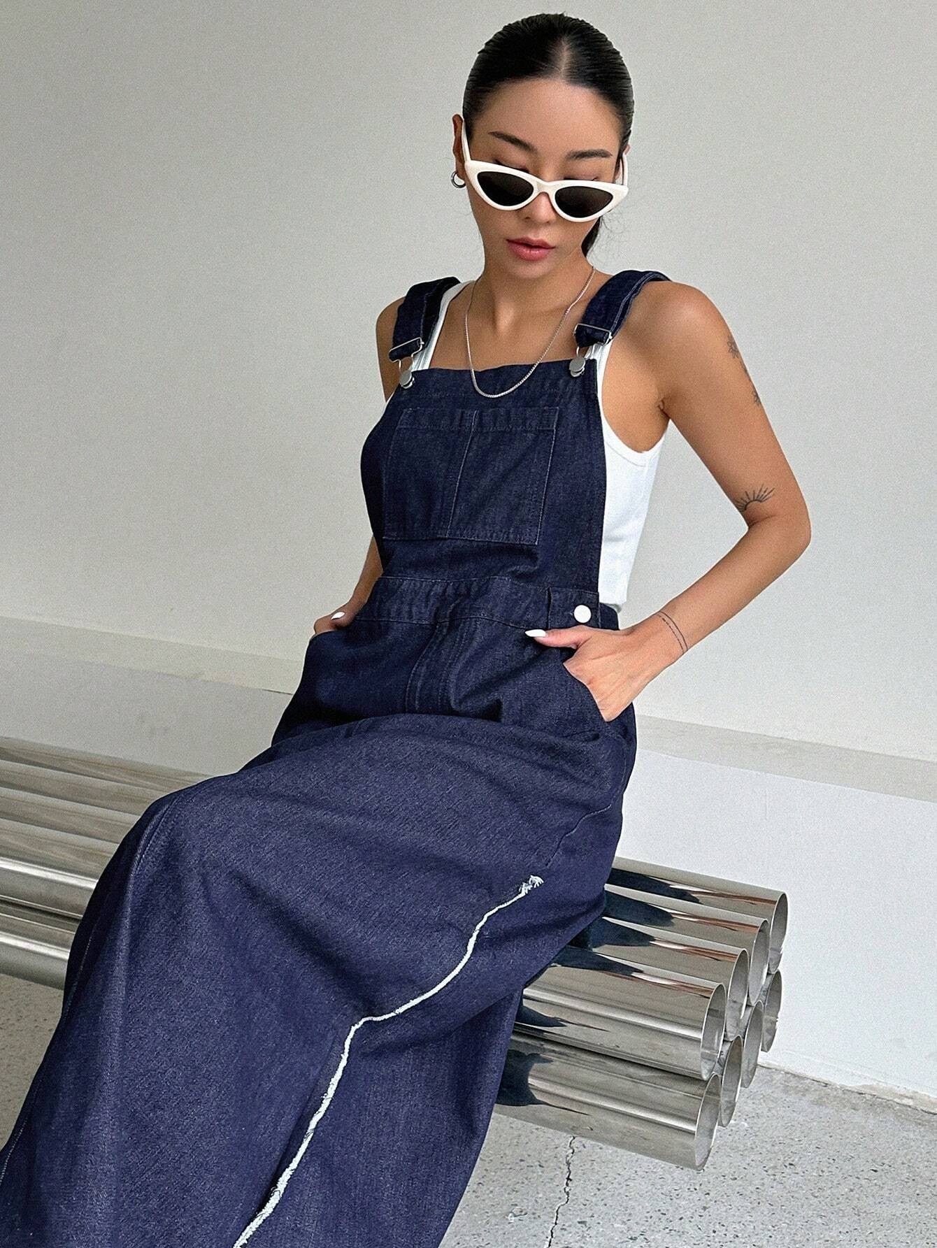 CM-DS985371 Women Preppy Seoul Style Slant Pocket Overall Denim Dress - Blue