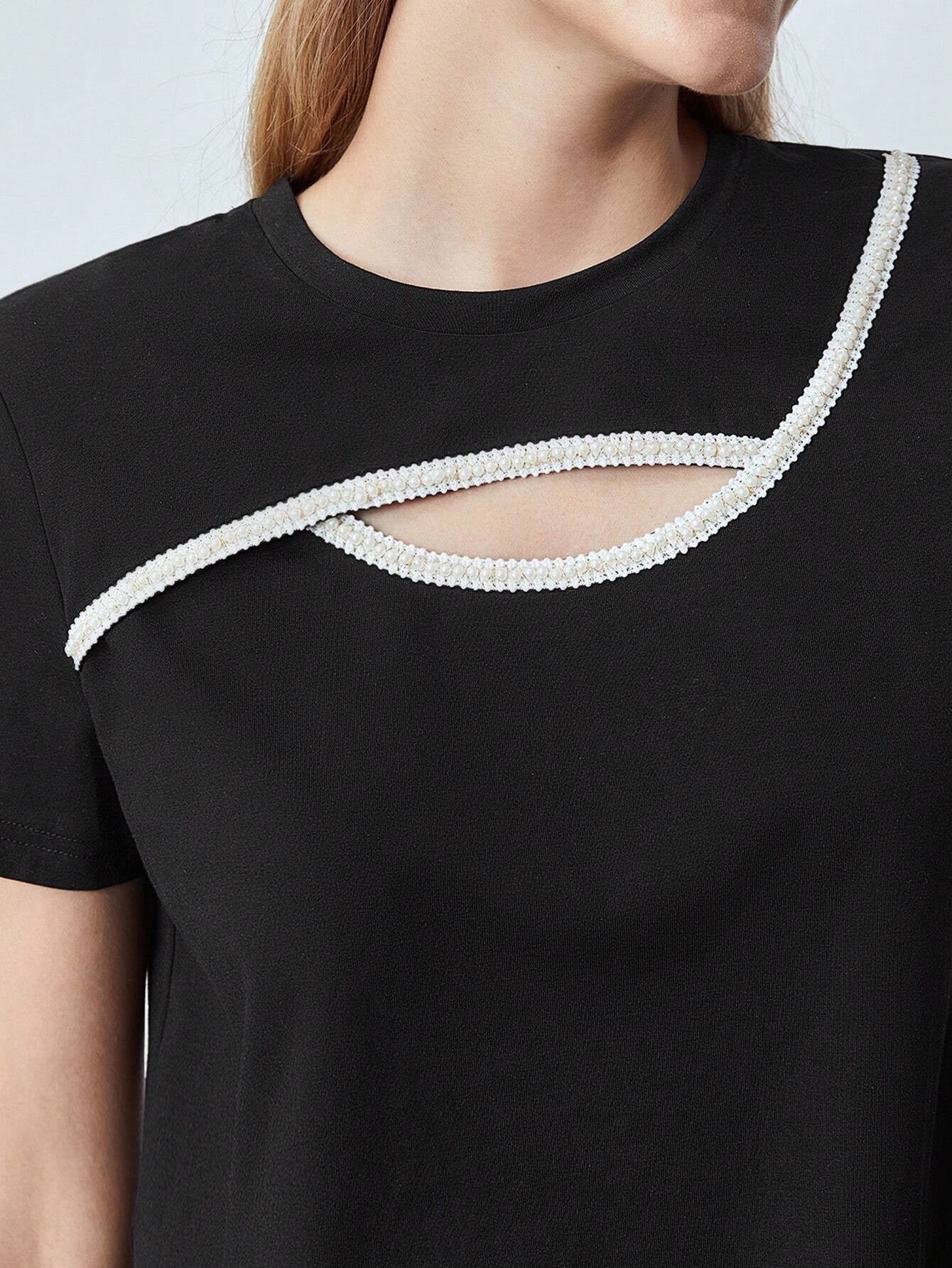 CM-TS118885 Women Casual Seoul Style Round Neck Pearl Cut-Out Top - Black