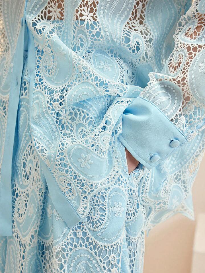 CM-TS864141 Women Elegant Seoul Style Oversized Hollow Out Paisley Embroidery Shirt - Baby Blue