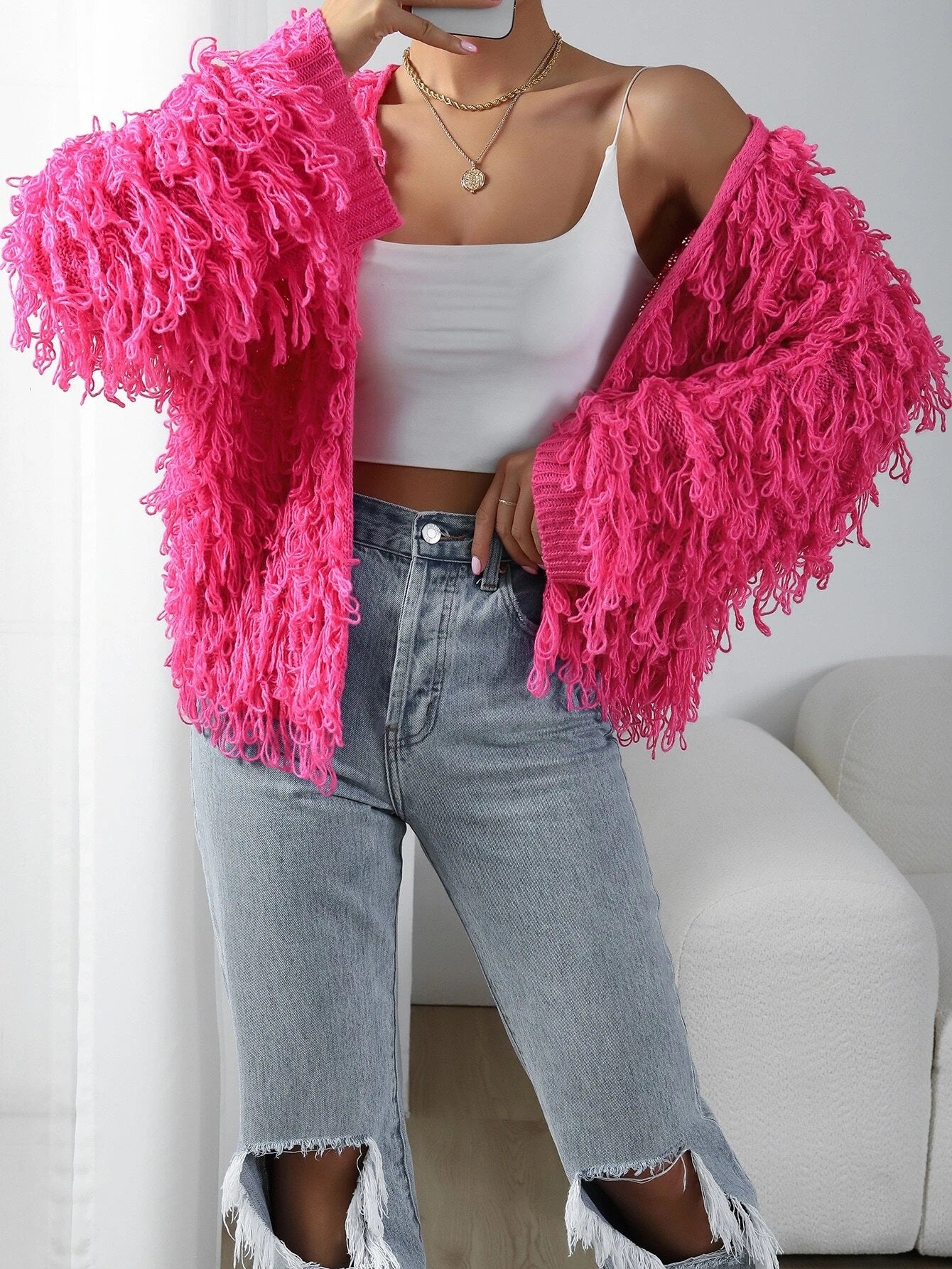 CM-CS366971 Women Casual Seoul Style Long Sleeve Shaggy Knit Duster Cardigan - Hot Pink