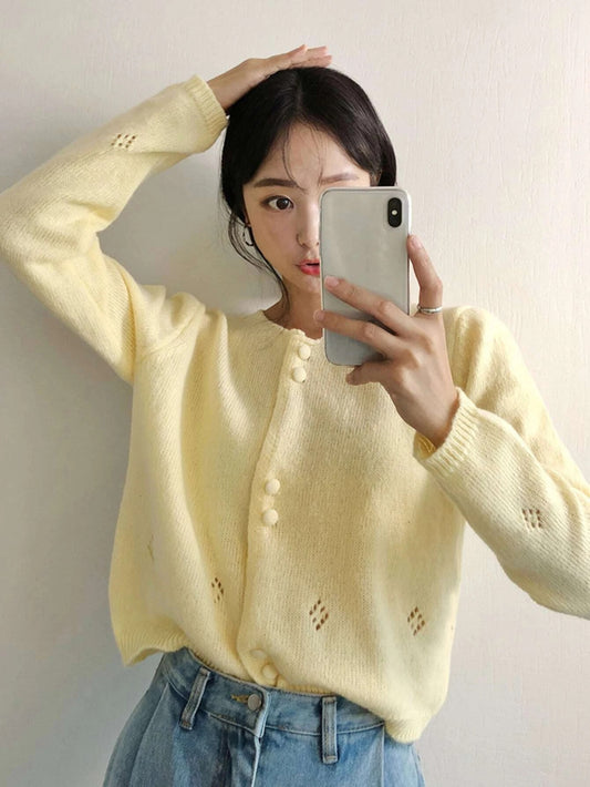 CM-CS036692 Women Casual Seoul Style Long Sleeve Solid Button Front Cardigan - Yellow