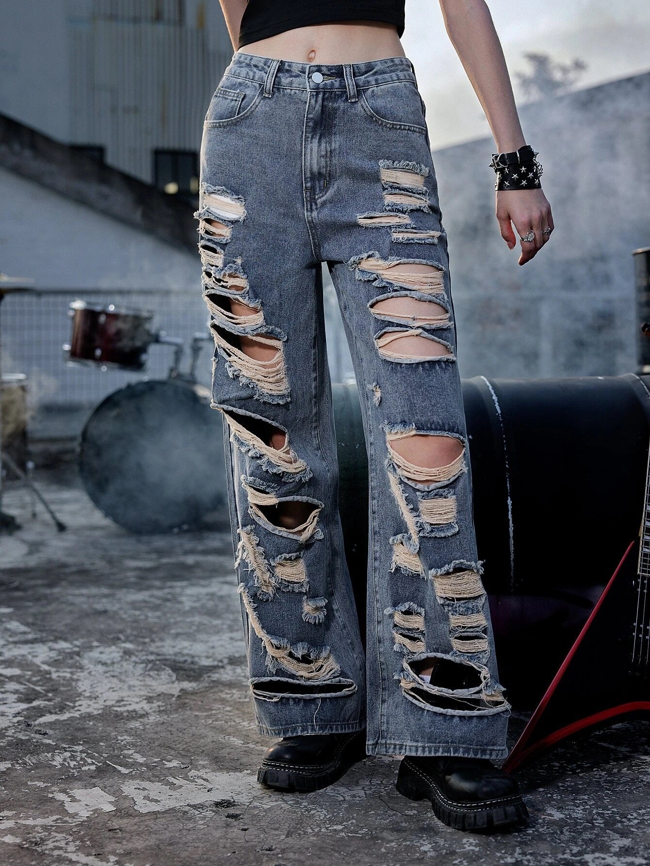 CM-BS274755 Women Preppy Seoul Style Dark Wash Punk Ripped Wide Leg Jeans