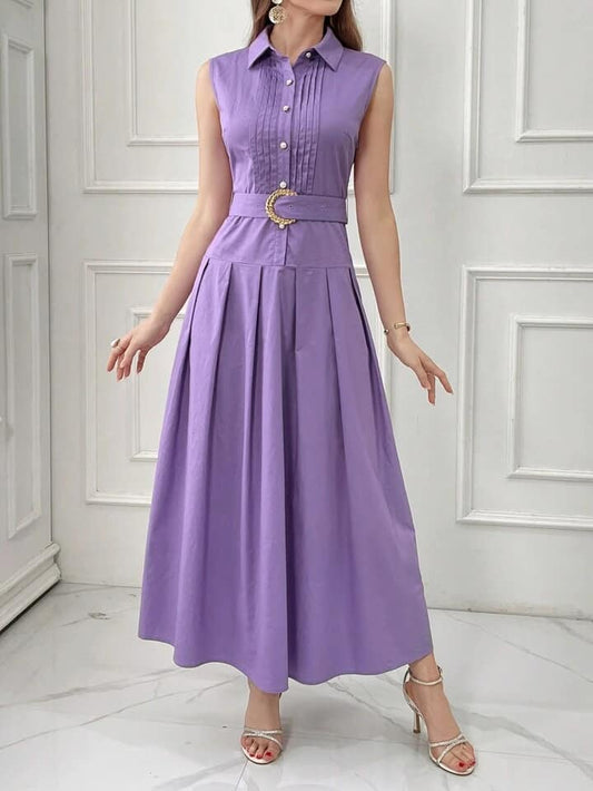 CM-DS883001 Women Elegant Seoul Style Collar Neckline Sleeveless Pleated Hem Shirt Dress - Purple