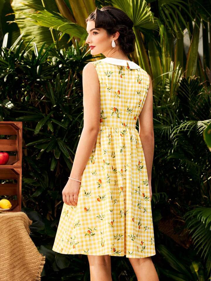 CM-DS660628 Women Vintage Seoul Style Plaid Cherry Print Sleeveless Turn-Down Collar A-Line Dress - Yellow