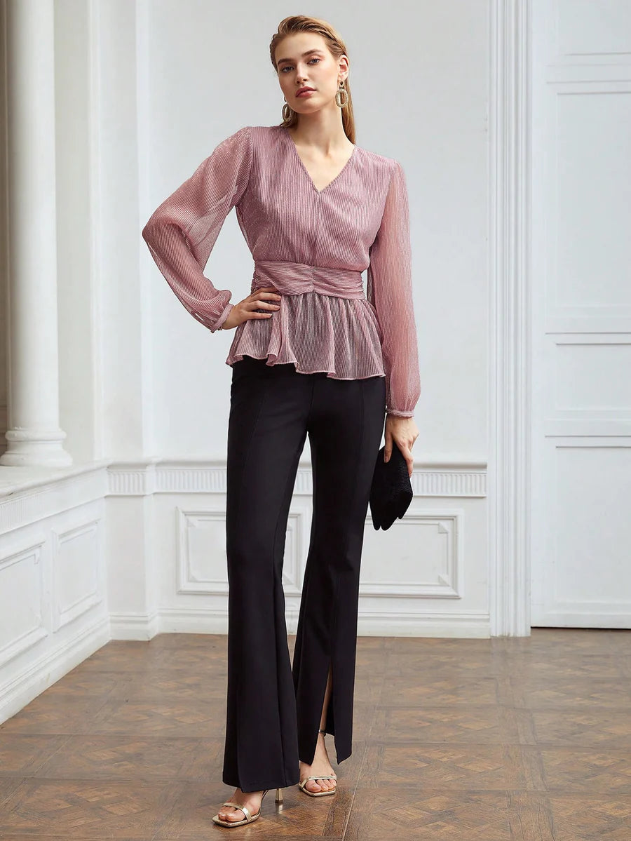 CM-TS151141 Women Elegant Seoul Style Glitter Tulle Peplum Blouse - Dusty Pink