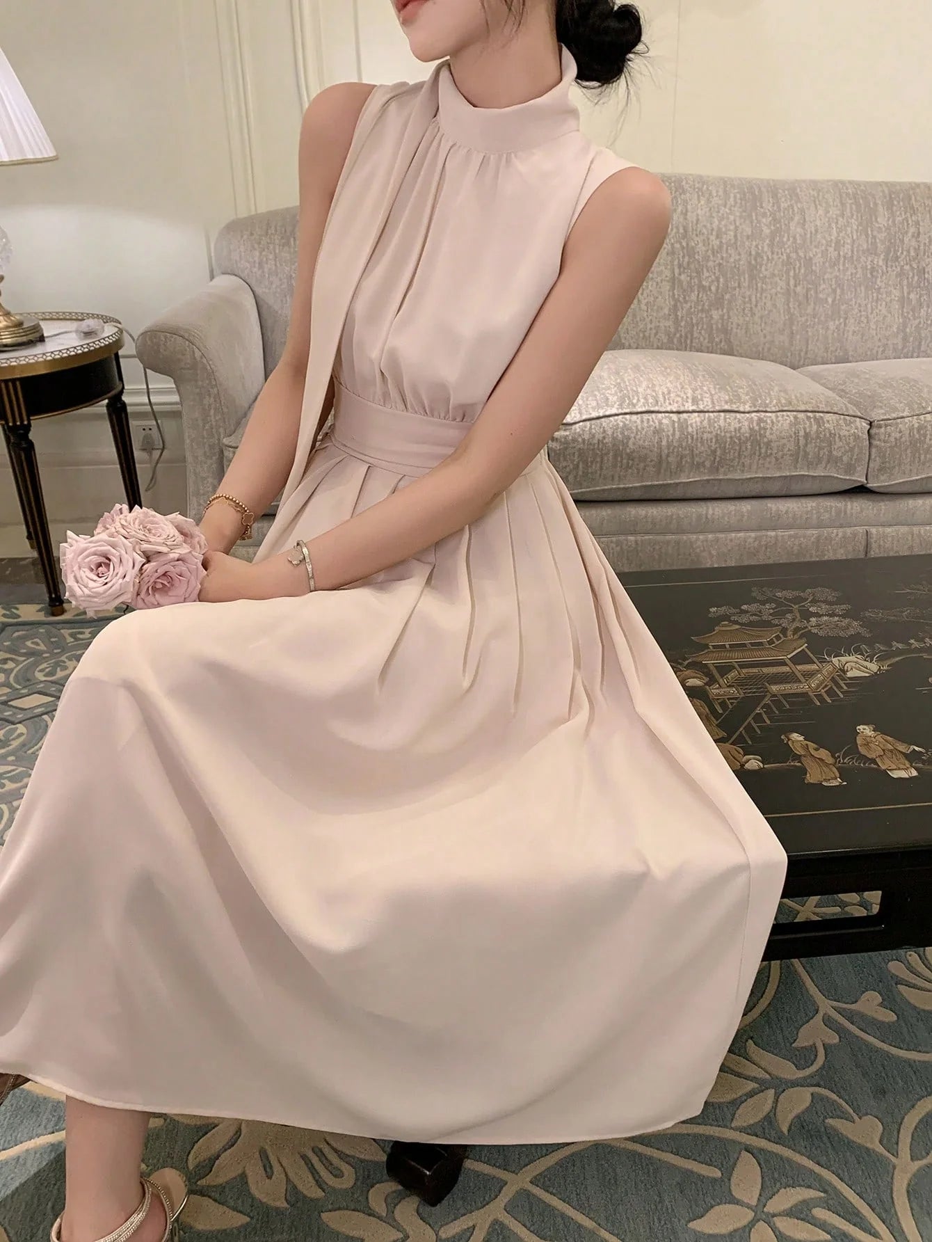 CM-DS634353 Women Elegant Seoul Style Stand Collar Sleeveless Solid Pleated Detail Dress