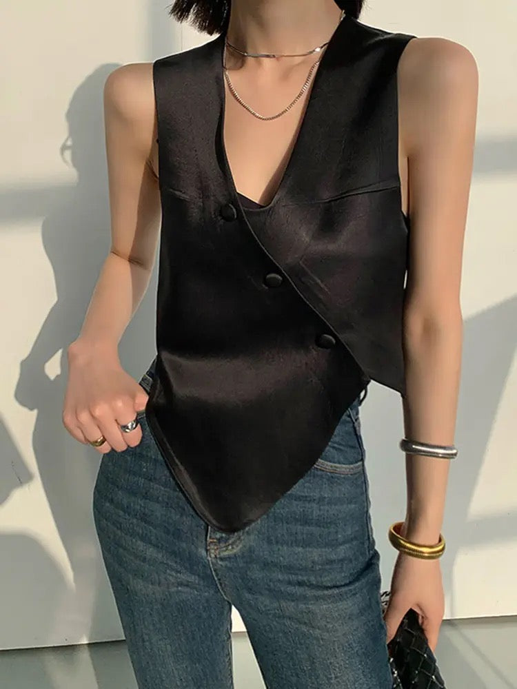 CM-TS011029 Women Chic Seoul Style Irregular V-Neck Slim Fit Vest Top - Black