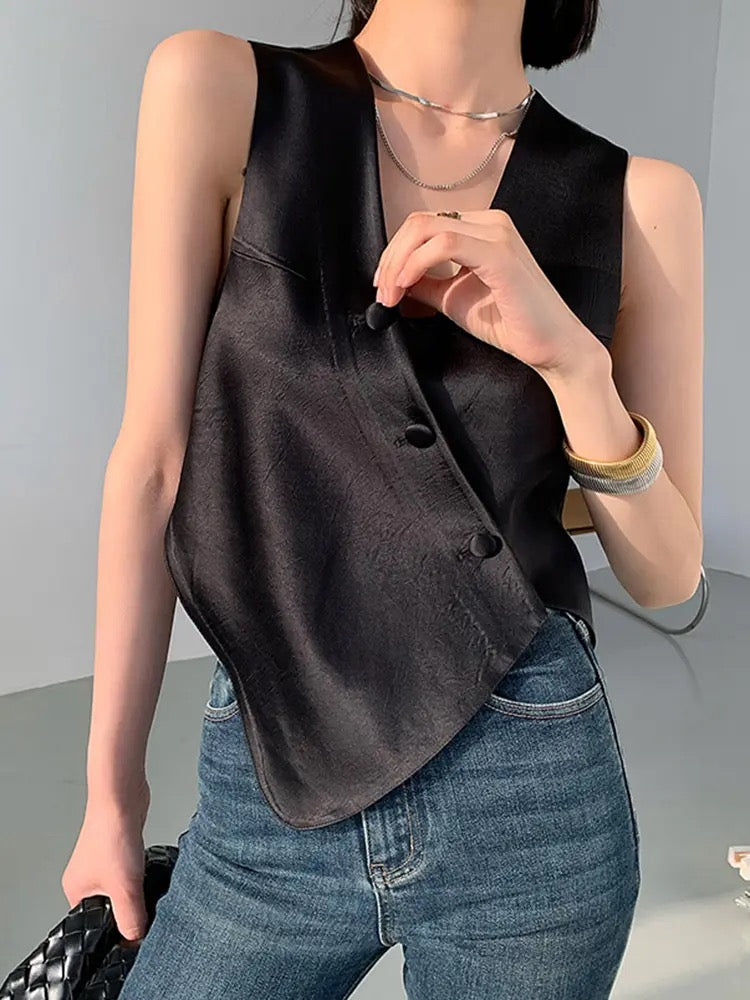 CM-TS011029 Women Chic Seoul Style Irregular V-Neck Slim Fit Vest Top - Black