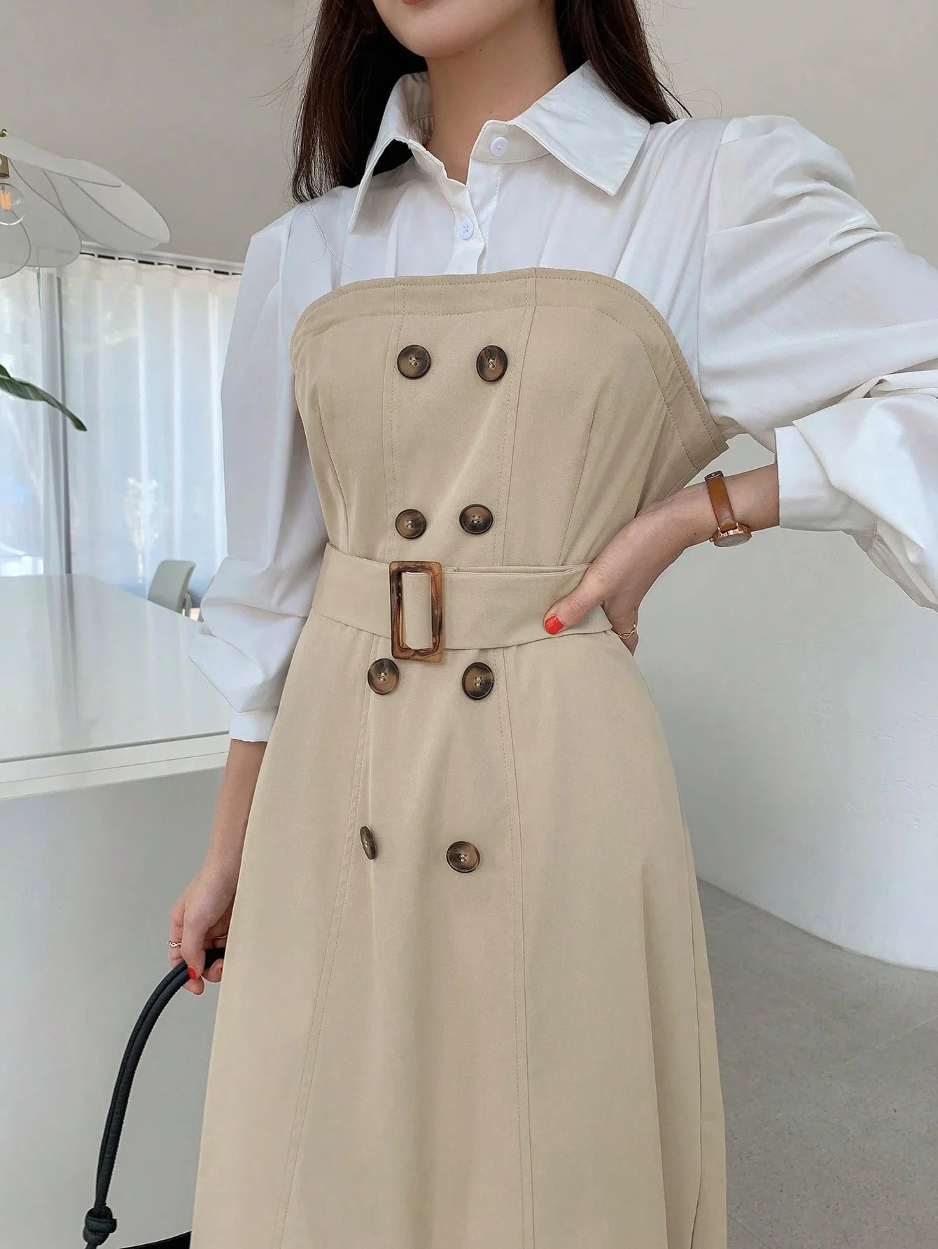 CM-DS396697 Women Elegant Seoul Style Two Tone Double Breasted Belted 2 In 1 Dress