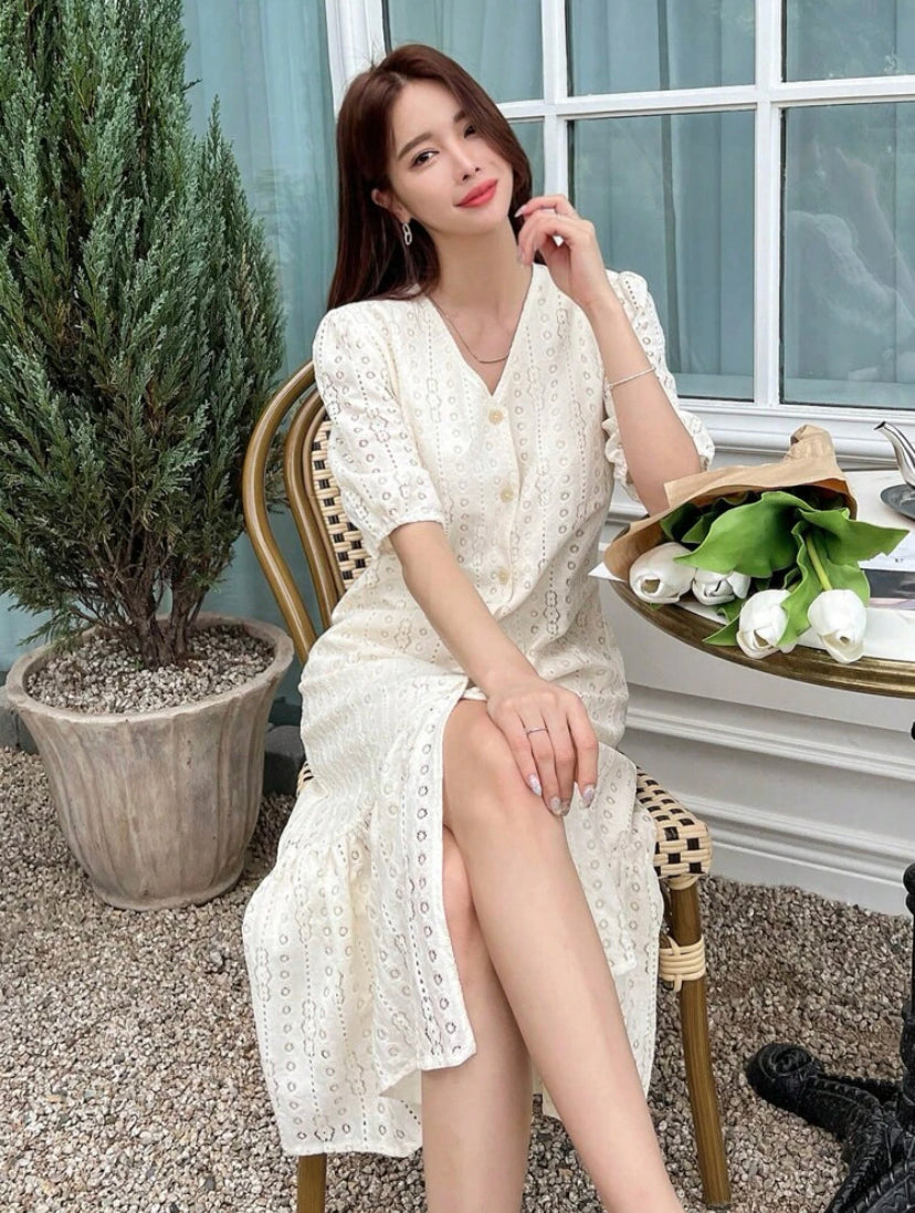 CM-DS322244 Women Elegant Seoul Style Puff Sleeve Ruffle Hem Smock Dress - Apricot