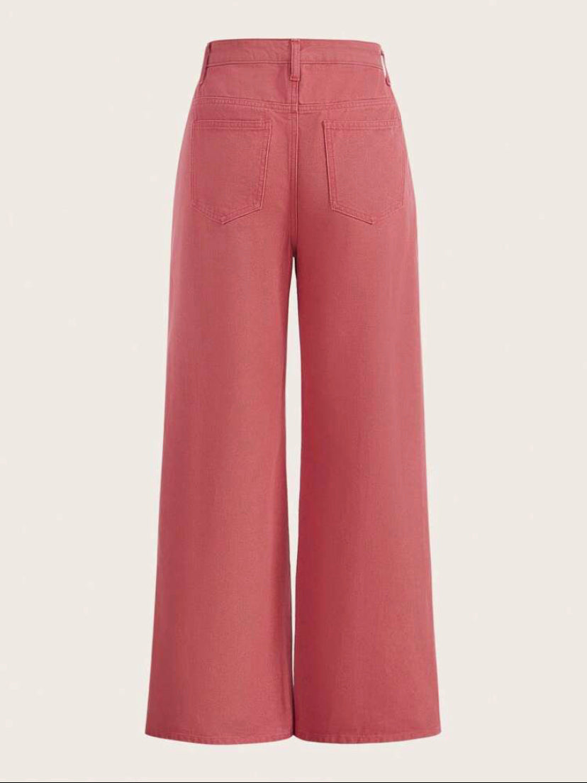 CM-BS871673 Women Casual Seoul Style Heart Pattern Split Hem Wide Leg Jeans - Watermelon Pink